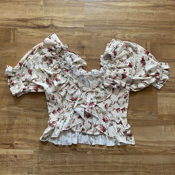 NWT FREE PEOPLE M Favorite Girl Cream Tea Party Combo Top Smocked Floral Cottage - Picture 15 of 16
